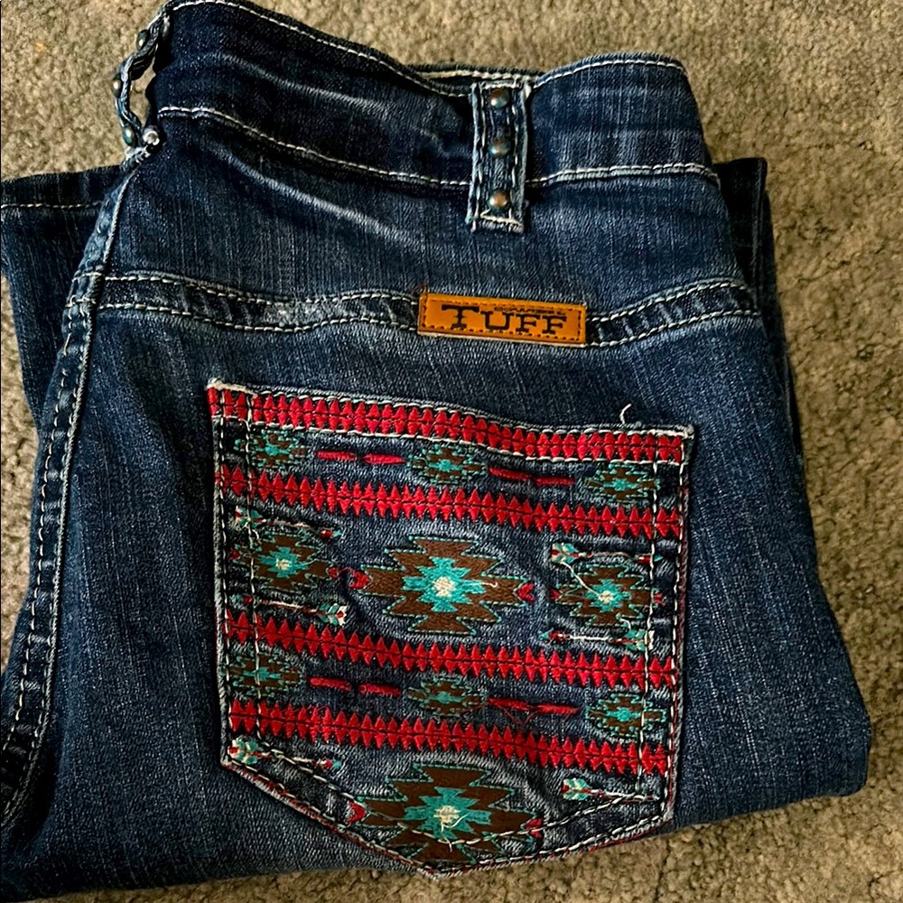 Cowgirl Tuff Blue and Red Jeans with Southwestern Embroidery